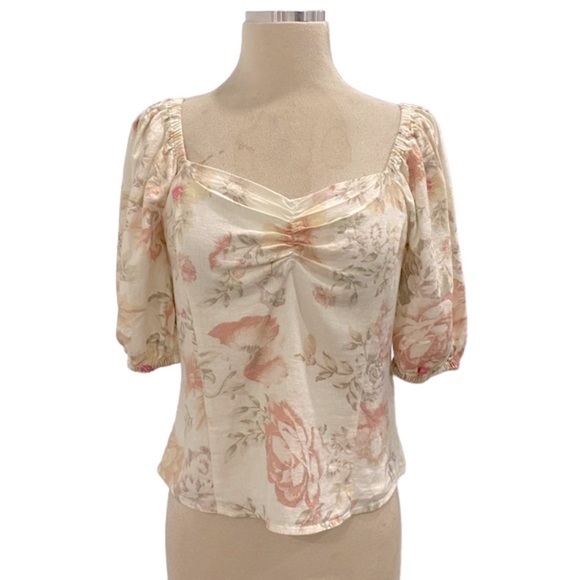 Puff Sleeve Floral Sweetheart Neck Linen Prairie Style Top - Picture 2 of 9